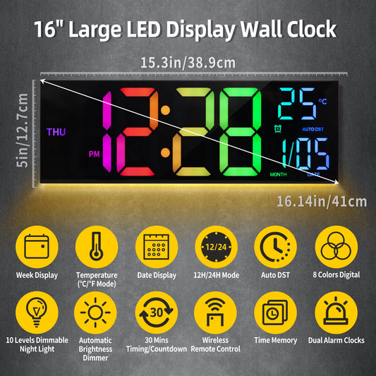 Grande horloge murale numérique de 16 pouces, grand écran LED avec télécommande, 8 couleurs RVB, alarme, DST, température pour salon, cuisine