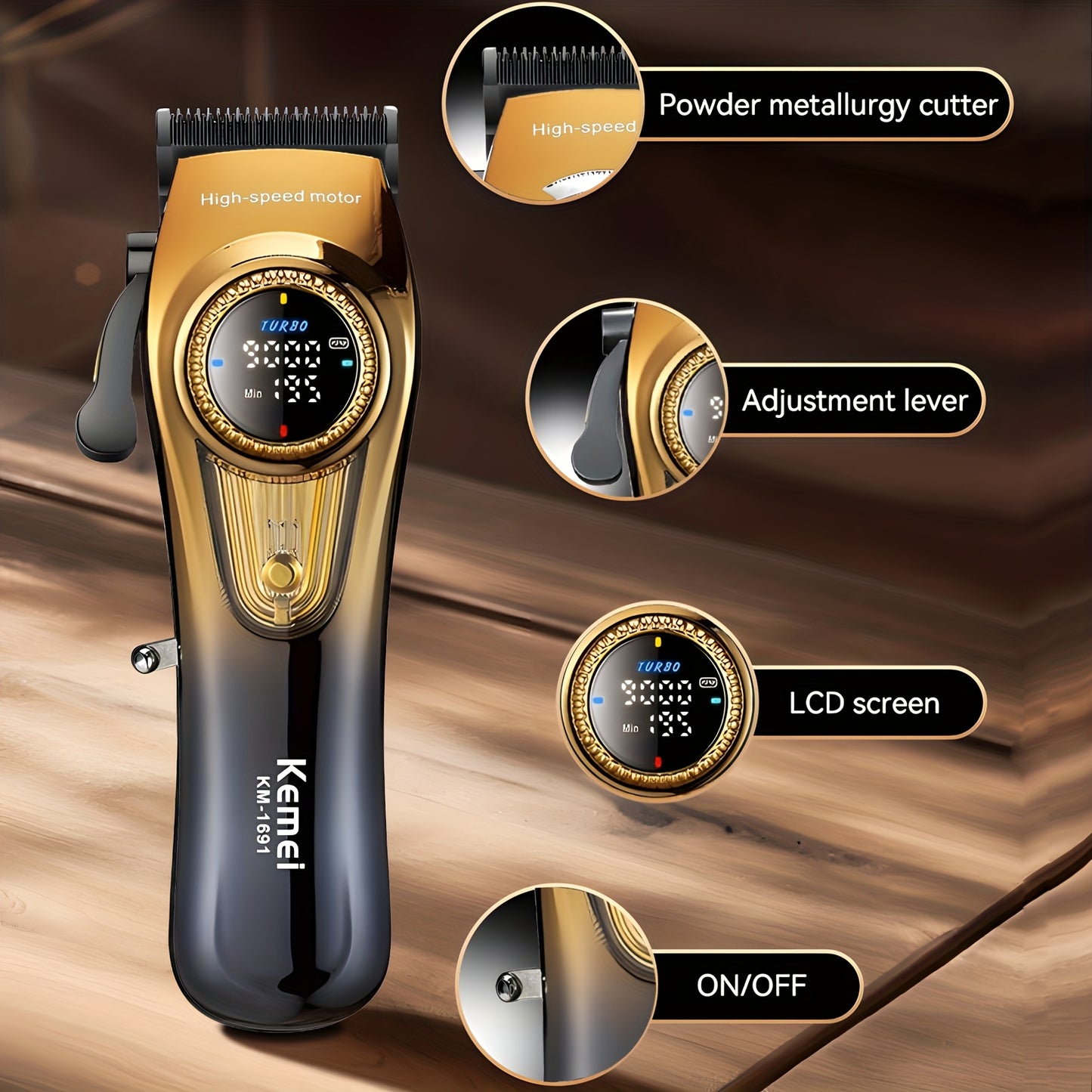 Kemei KM-1691 & KM-1677 – Kit professionnel de tondeuse et rasoir pour homme, lames en poudre métallurgique, batterie lithium‑ion rechargeable