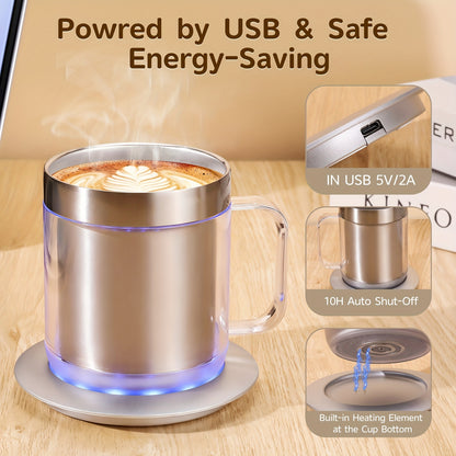 Tasse à café auto‑chauffante – Set chauffe-tasse USB 5V2A, arrêt automatique 10 h, cadeau café & fêtes