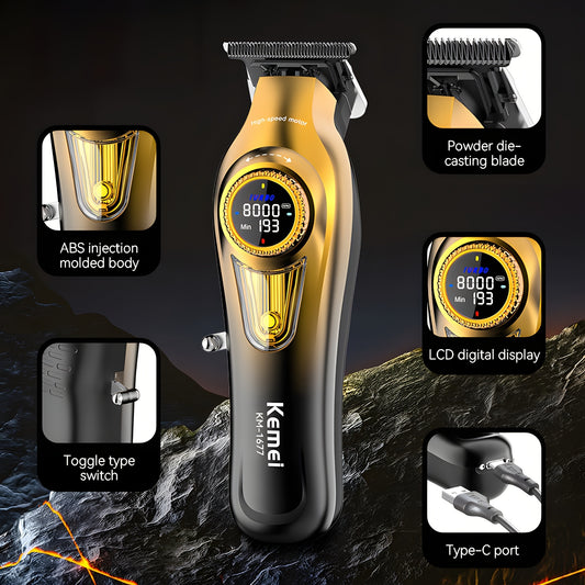 Kemei KM-1691 & KM-1677 – Kit professionnel de tondeuse et rasoir pour homme, lames en poudre métallurgique, batterie lithium‑ion rechargeable