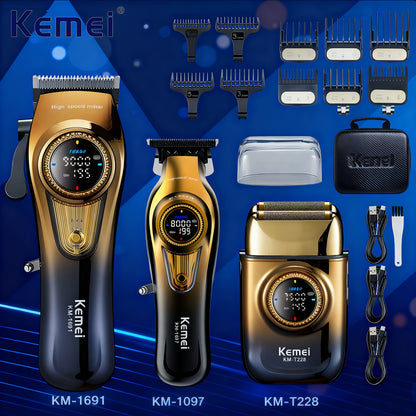 Kemei KM-1691 & KM-1677 – Kit professionnel de tondeuse et rasoir pour homme, lames en poudre métallurgique, batterie lithium‑ion rechargeable