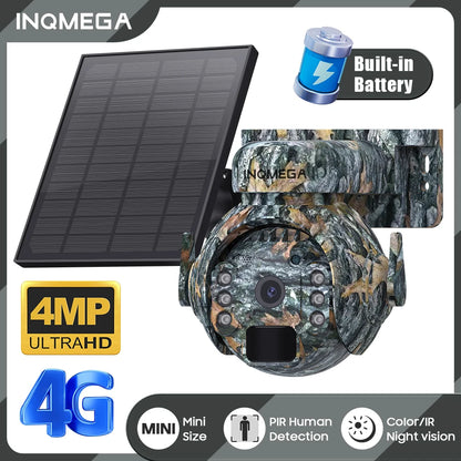 Caméra de surveillance extérieure INQMEGA 2K 4MP PTZ solaire – 4G/WiFi, vision 360°, camouflage animaux
