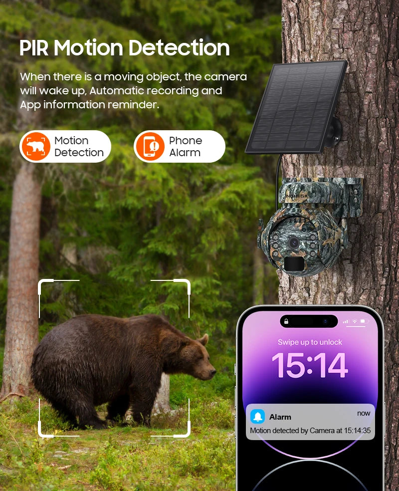 Caméra de surveillance extérieure INQMEGA 2K 4MP PTZ solaire – 4G/WiFi, vision 360°, camouflage animaux