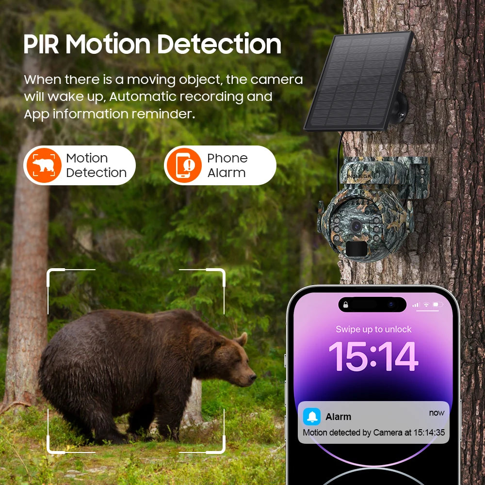 Caméra de surveillance extérieure INQMEGA 2K 4MP PTZ solaire – 4G/WiFi, vision 360°, camouflage animaux