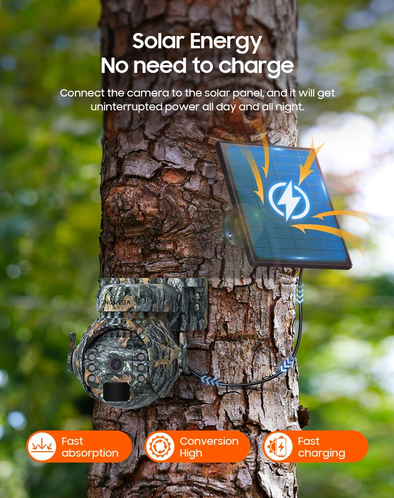 Caméra de surveillance extérieure INQMEGA 2K 4MP PTZ solaire – 4G/WiFi, vision 360°, camouflage animaux