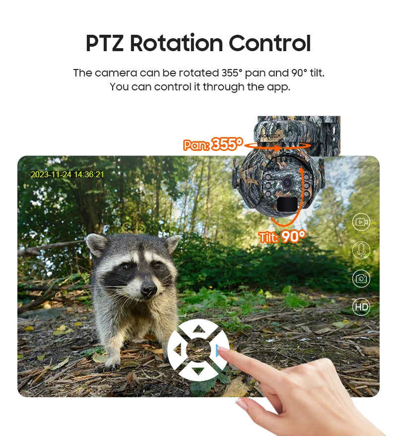 Caméra de surveillance extérieure INQMEGA 2K 4MP PTZ solaire – 4G/WiFi, vision 360°, camouflage animaux