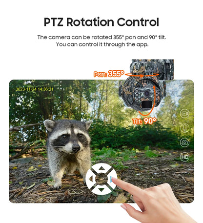 Caméra de surveillance extérieure INQMEGA 2K 4MP PTZ solaire – 4G/WiFi, vision 360°, camouflage animaux