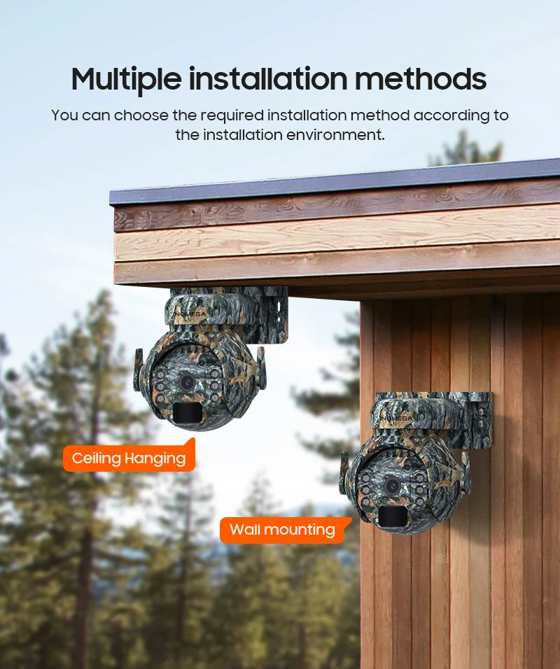 Caméra de surveillance extérieure INQMEGA 2K 4MP PTZ solaire – 4G/WiFi, vision 360°, camouflage animaux