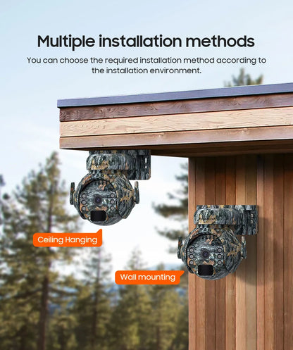 Caméra de surveillance extérieure INQMEGA 2K 4MP PTZ solaire – 4G/WiFi, vision 360°, camouflage animaux