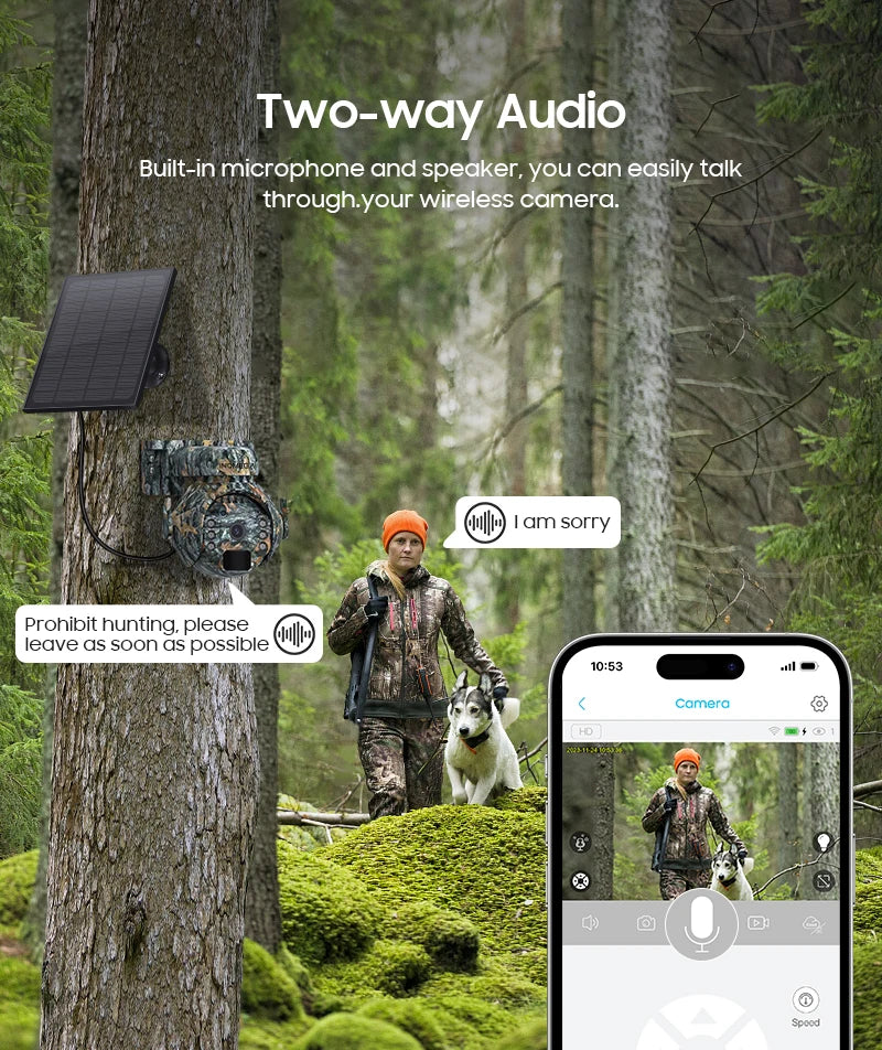 Caméra de surveillance extérieure INQMEGA 2K 4MP PTZ solaire – 4G/WiFi, vision 360°, camouflage animaux