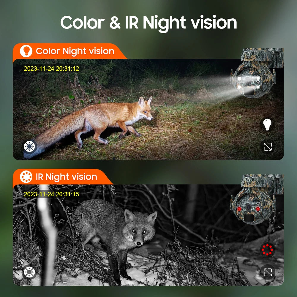 Caméra de surveillance extérieure INQMEGA 2K 4MP PTZ solaire – 4G/WiFi, vision 360°, camouflage animaux