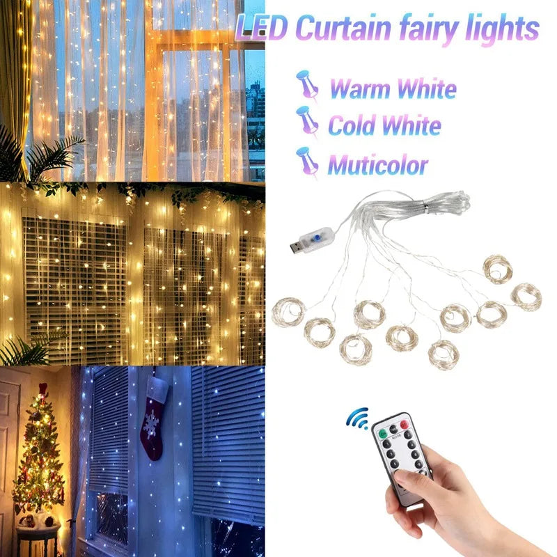 Guirlande de rideaux lumineux de Noël – Déco magique feston lumineux – Ornement fête/mariage/maison – 8 modes – Télécommande incluse