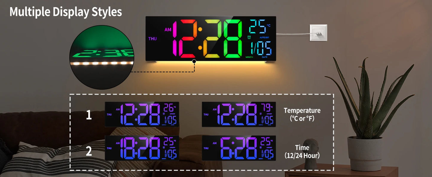 Grande horloge murale numérique de 16 pouces, grand écran LED avec télécommande, 8 couleurs RVB, alarme, DST, température pour salon, cuisine