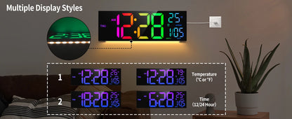 Grande horloge murale numérique de 16 pouces, grand écran LED avec télécommande, 8 couleurs RVB, alarme, DST, température pour salon, cuisine