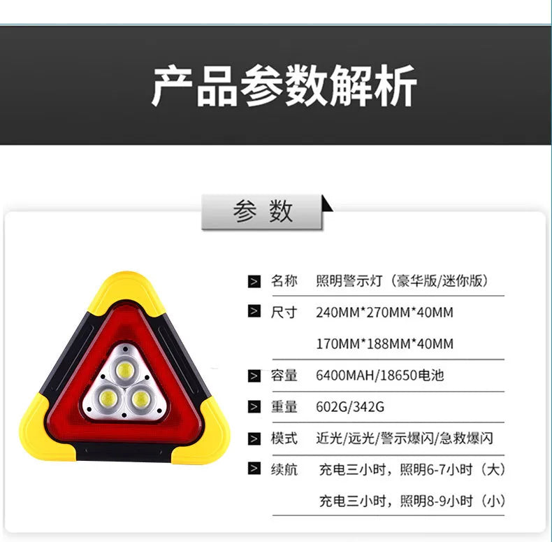 Trépied automobile panneau d’avertissement lumineux – Triangle réfléchissant LED – Feu de secours solaire véhicule – 2 tailles