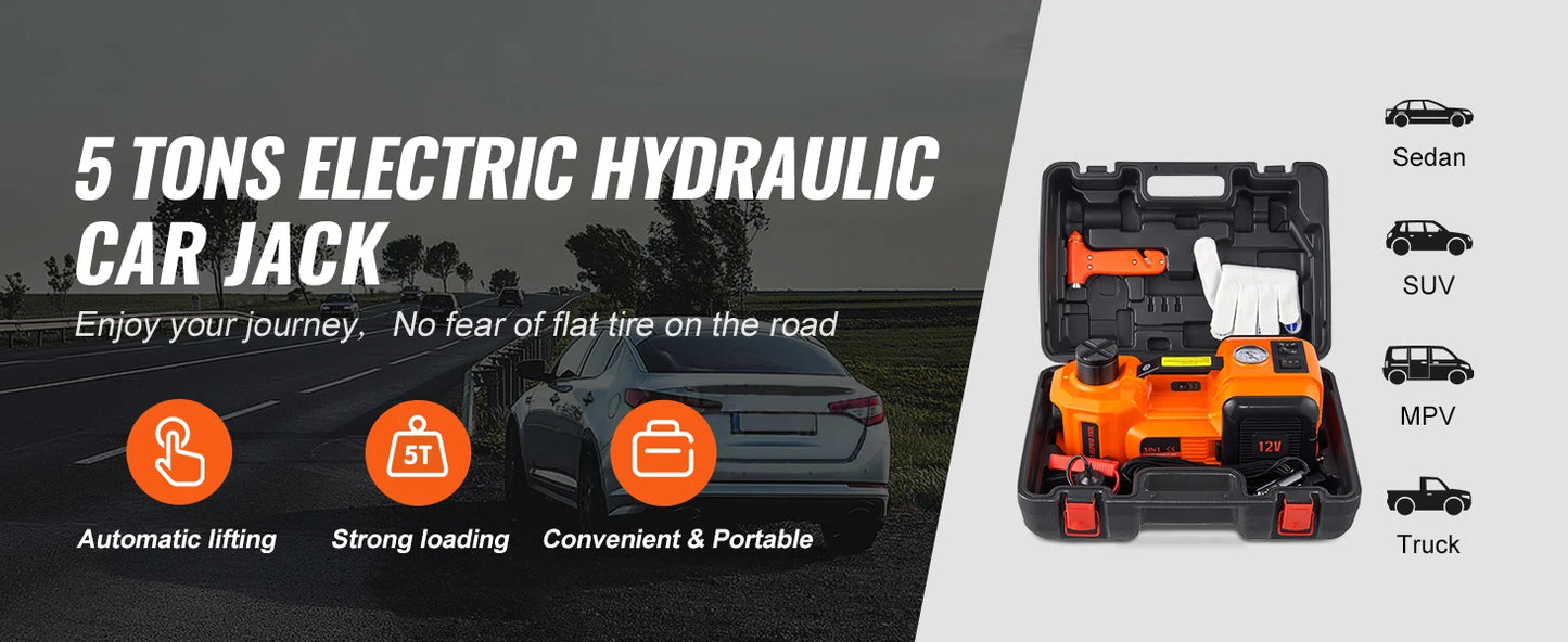 VEVOR Cric Hydraulique Électrique 5 T 12 V DC – Cric de voiture automatique avec lampe LED et gonfleur de pneus intégré, coffret dépannage pour berlines, SUV et petits utilitaires