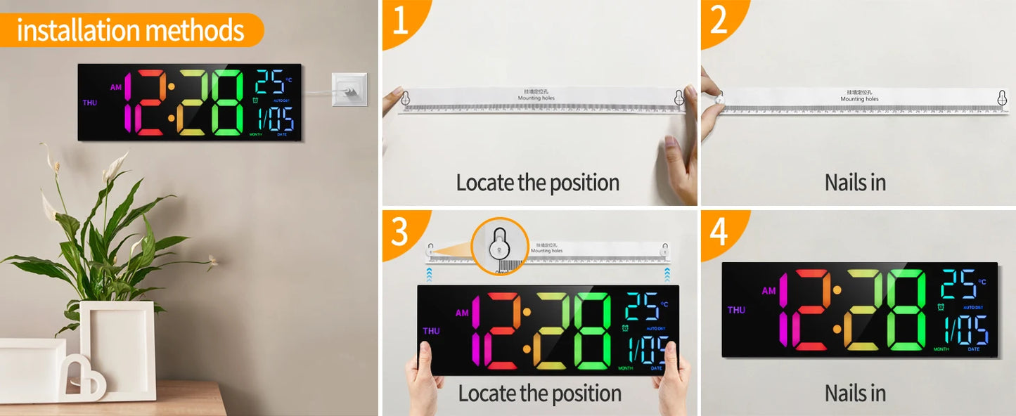 Grande horloge murale numérique de 16 pouces, grand écran LED avec télécommande, 8 couleurs RVB, alarme, DST, température pour salon, cuisine