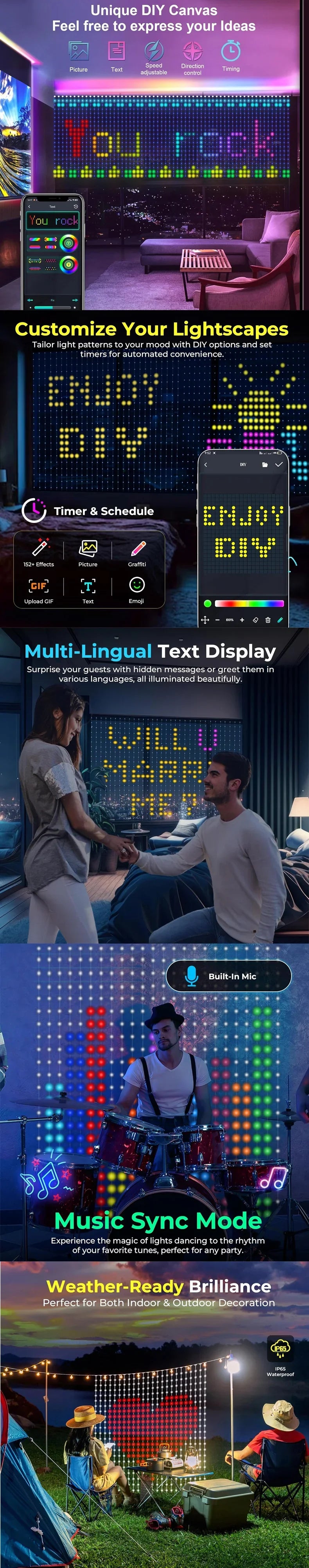 Rideau lumineux LED intelligent, 1 ou 2 pièces – guirlande féerique connectée, synchronisation musique & DIY, étanche