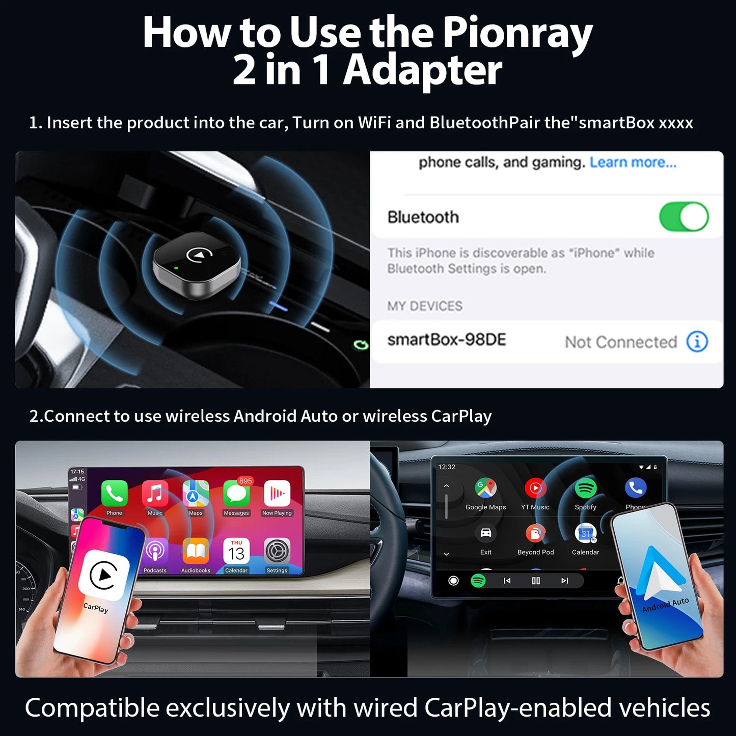 Adaptateur CarPlay sans fil Pionray 2 en 1 – Android Auto, WiFi 5Ghz, USB type-C/USB Plug & Play