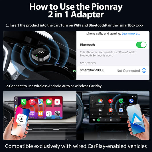 Adaptateur CarPlay sans fil Pionray 2 en 1 – Android Auto, WiFi 5Ghz, USB type-C/USB Plug & Play