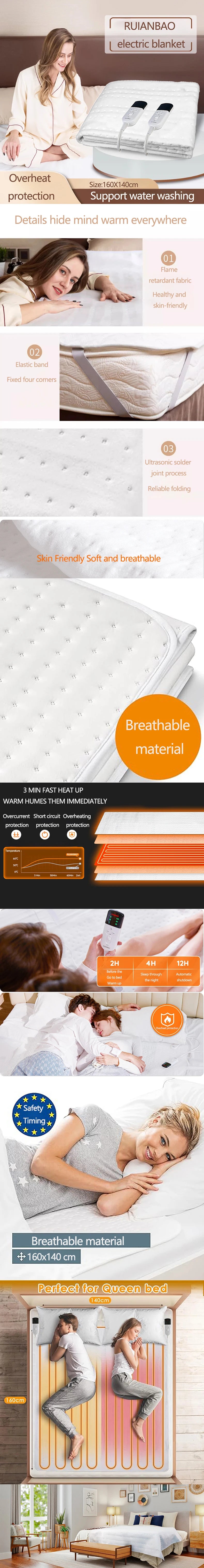 RUIANBAO couverture chauffante double contrôle – couverture électrique 160×140 cm, minuterie coussin chauffant 220 V, matelas thermique lit plus chaud