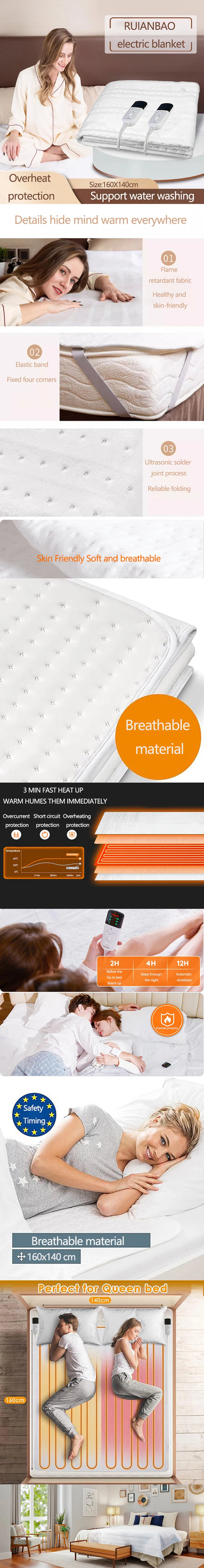 RUIANBAO couverture chauffante double contrôle – couverture électrique 160×140 cm, minuterie coussin chauffant 220 V, matelas thermique lit plus chaud