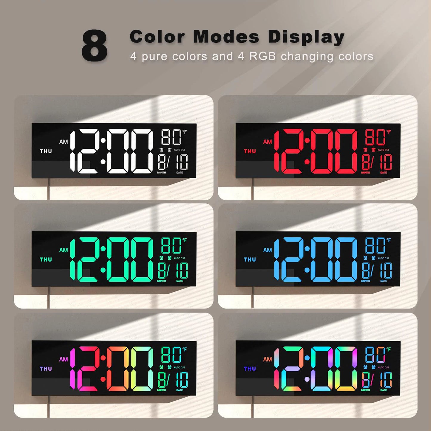 Grande horloge murale numérique de 16 pouces, grand écran LED avec télécommande, 8 couleurs RVB, alarme, DST, température pour salon, cuisine