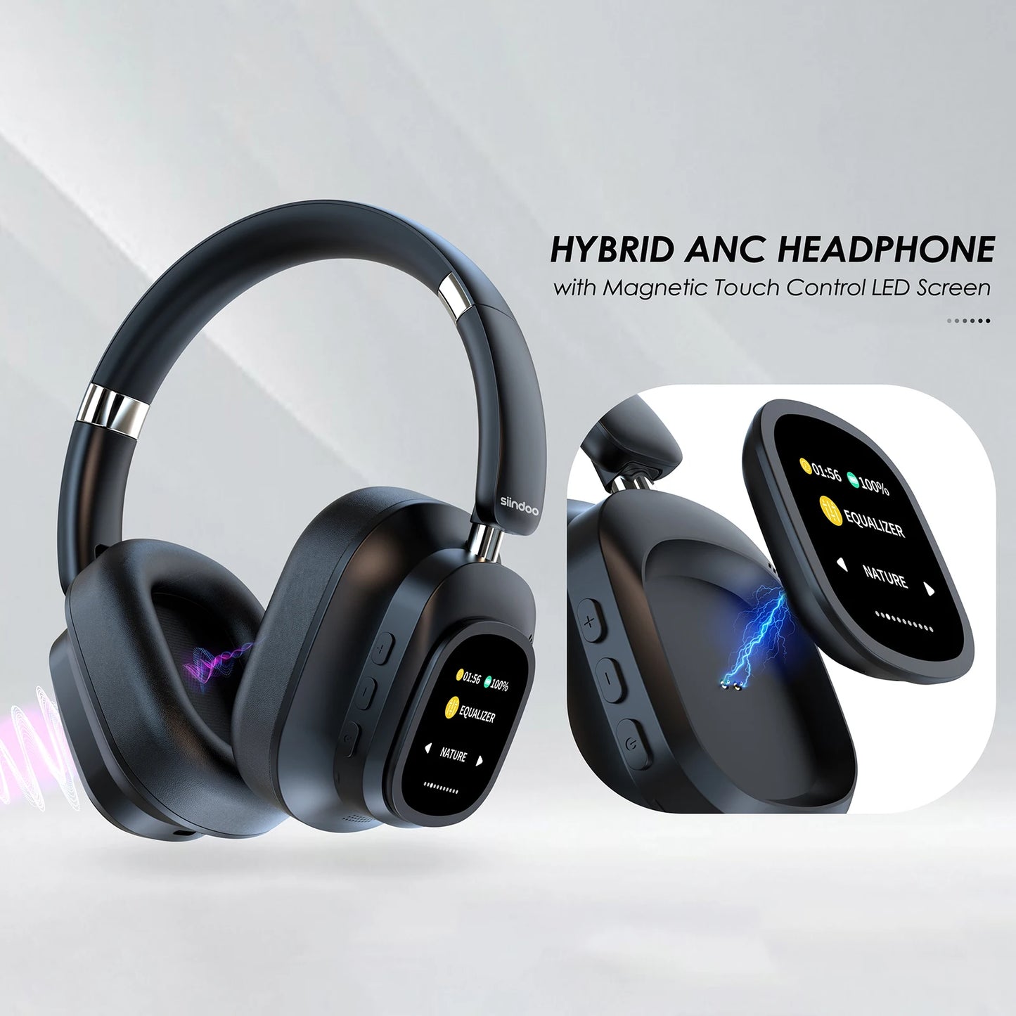 Siindoo JH-ANC930Plus – Écouteurs à suppression active du bruit, casque hybride sans fil avec écran LED tactile multi-magnétique