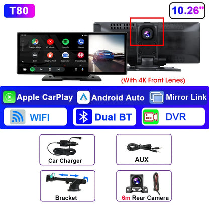 Écran Carplay Android Auto sans fil Srnubi 10.26” – 4K DVR tableau de bord, enregistreur double caméra, GPS