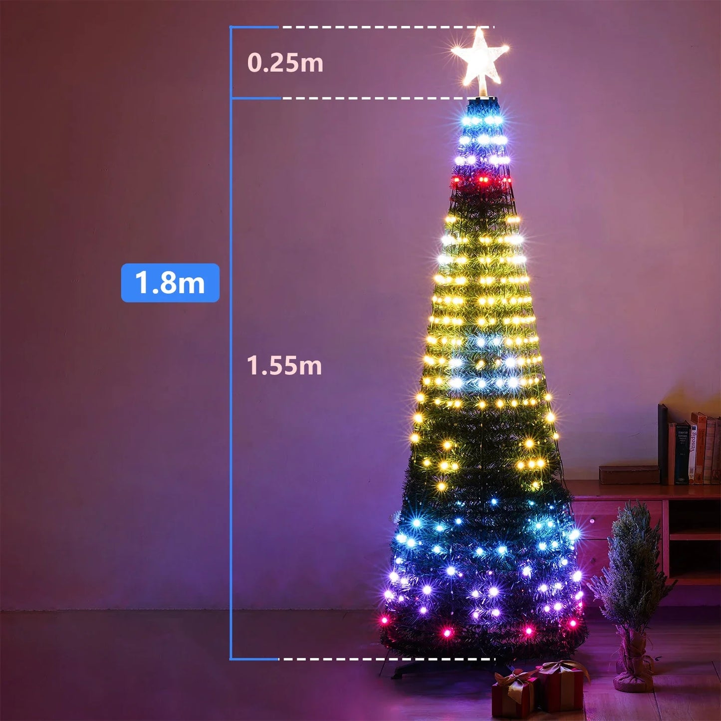 Lumière d’étoile de sapin de Noël intelligente RVB – minuterie à distance, application Bluetooth, guirlande LED magique