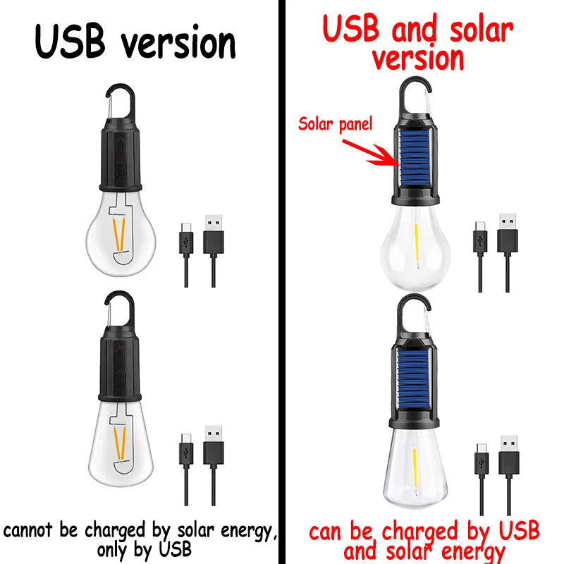 Lampes solaires LED pour Camping – Ampoules rechargeables USB, lampe à intensité variable avec crochets, lumière Vintage pour tente, lanterne, extérieur