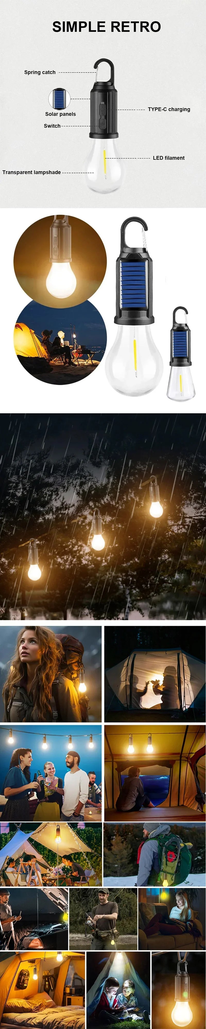 Lampes solaires LED pour Camping – Ampoules rechargeables USB, lampe à intensité variable avec crochets, lumière Vintage pour tente, lanterne, extérieur