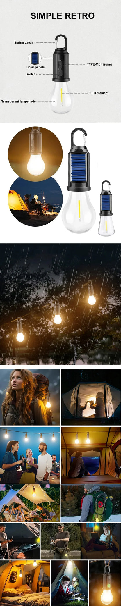 Lampes solaires LED pour Camping – Ampoules rechargeables USB, lampe à intensité variable avec crochets, lumière Vintage pour tente, lanterne, extérieur