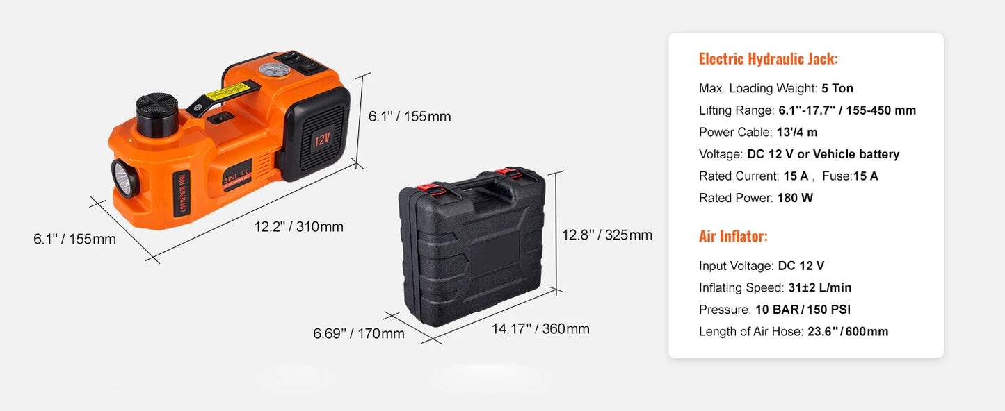VEVOR Cric Hydraulique Électrique 5 T 12 V DC – Cric de voiture automatique avec lampe LED et gonfleur de pneus intégré, coffret dépannage pour berlines, SUV et petits utilitaires