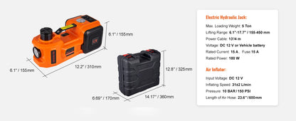VEVOR Cric Hydraulique Électrique 5 T 12 V DC – Cric de voiture automatique avec lampe LED et gonfleur de pneus intégré, coffret dépannage pour berlines, SUV et petits utilitaires