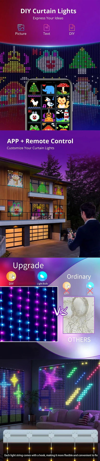 Rideau lumineux LED intelligent, 1 ou 2 pièces – guirlande féerique connectée, synchronisation musique & DIY, étanche