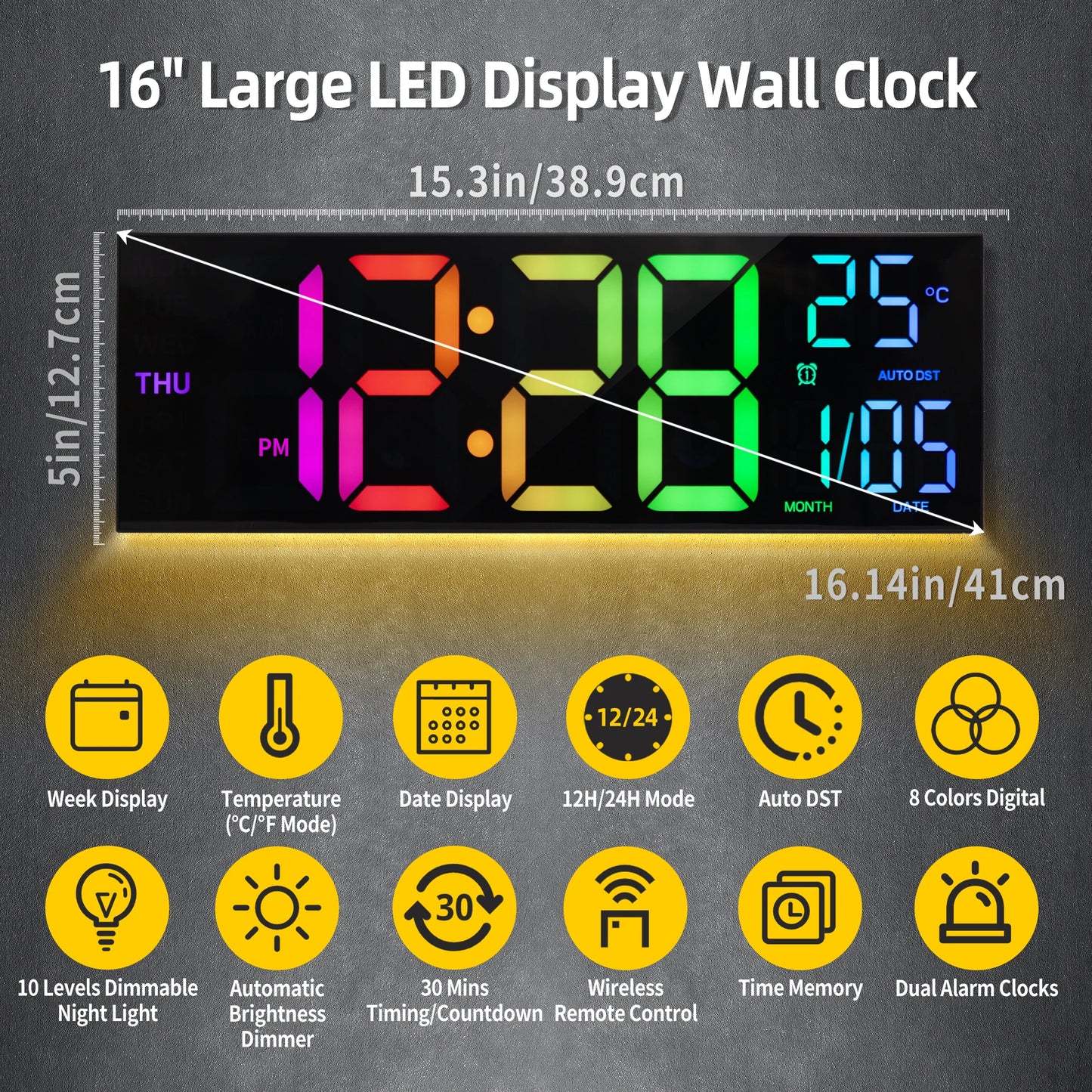 Grande horloge murale numérique de 16 pouces, grand écran LED avec télécommande, 8 couleurs RVB, alarme, DST, température pour salon, cuisine