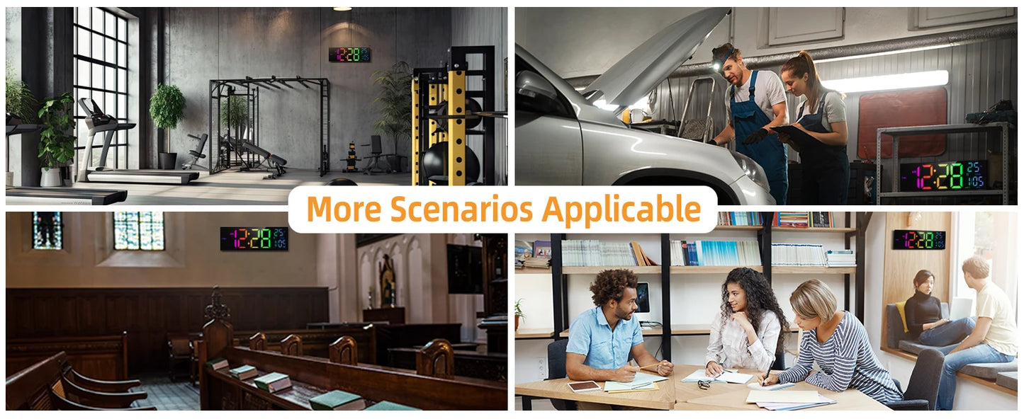 Grande horloge murale numérique de 16 pouces, grand écran LED avec télécommande, 8 couleurs RVB, alarme, DST, température pour salon, cuisine