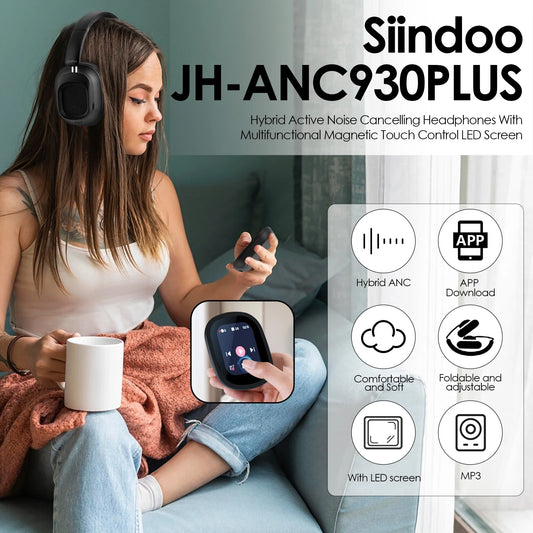 Siindoo JH-ANC930Plus – Écouteurs à suppression active du bruit, casque hybride sans fil avec écran LED tactile multi-magnétique