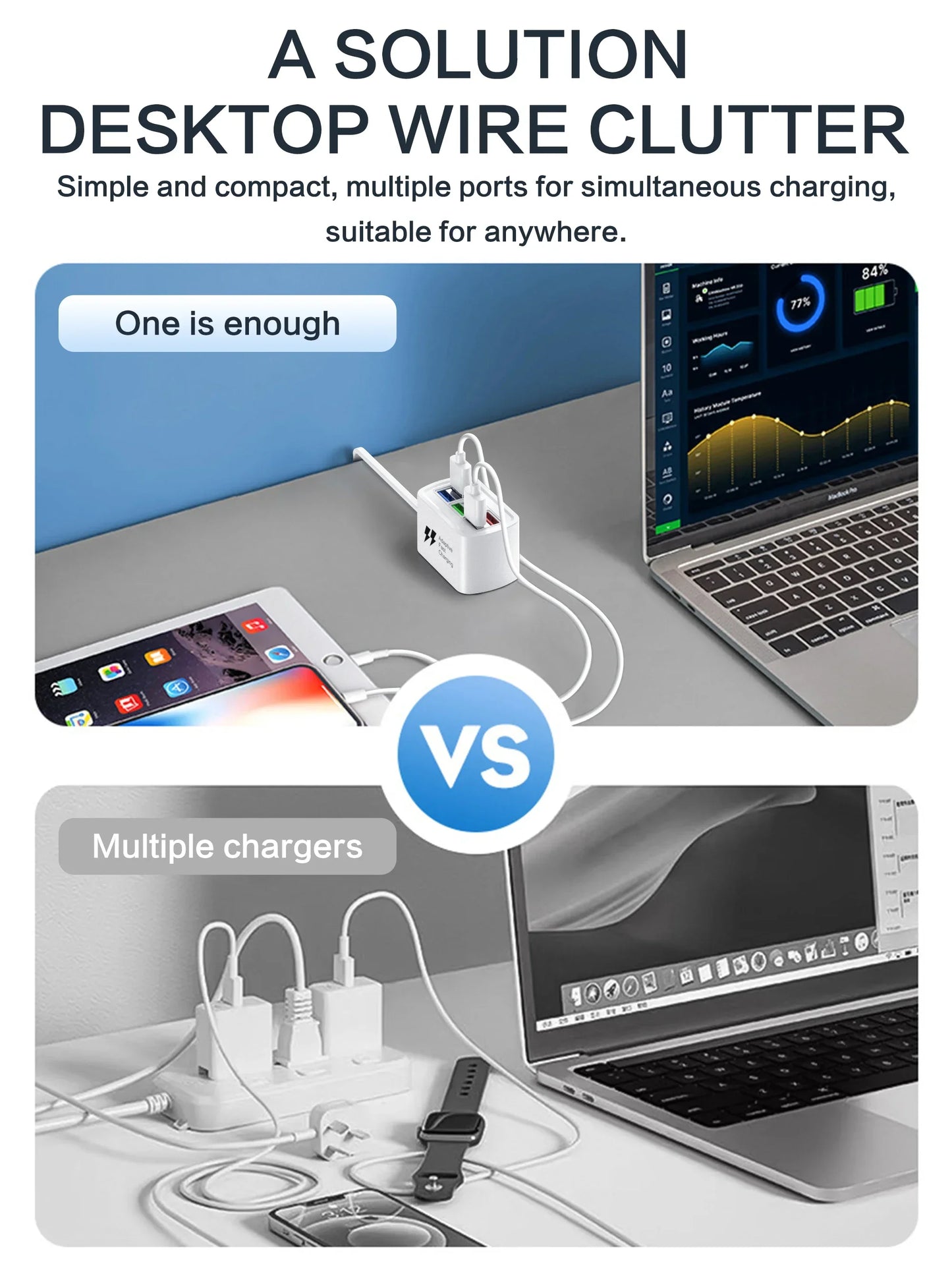 Chargeur USB rapide 6 en 1 multiprise - Station bureau, cordon 1m, adaptateur HUB USB, prises EU/US