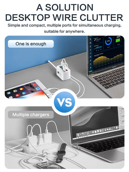 Chargeur USB rapide 6 en 1 multiprise - Station bureau, cordon 1m, adaptateur HUB USB, prises EU/US