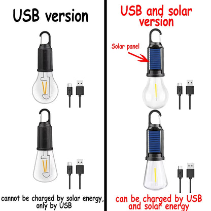 Lampes solaires LED pour Camping – Ampoules rechargeables USB, lampe à intensité variable avec crochets, lumière Vintage pour tente, lanterne, extérieur