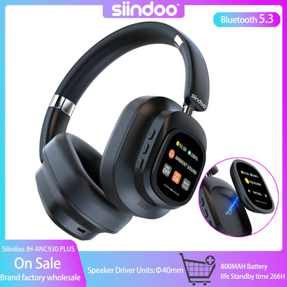 Siindoo JH-ANC930Plus – Écouteurs à suppression active du bruit, casque hybride sans fil avec écran LED tactile multi-magnétique