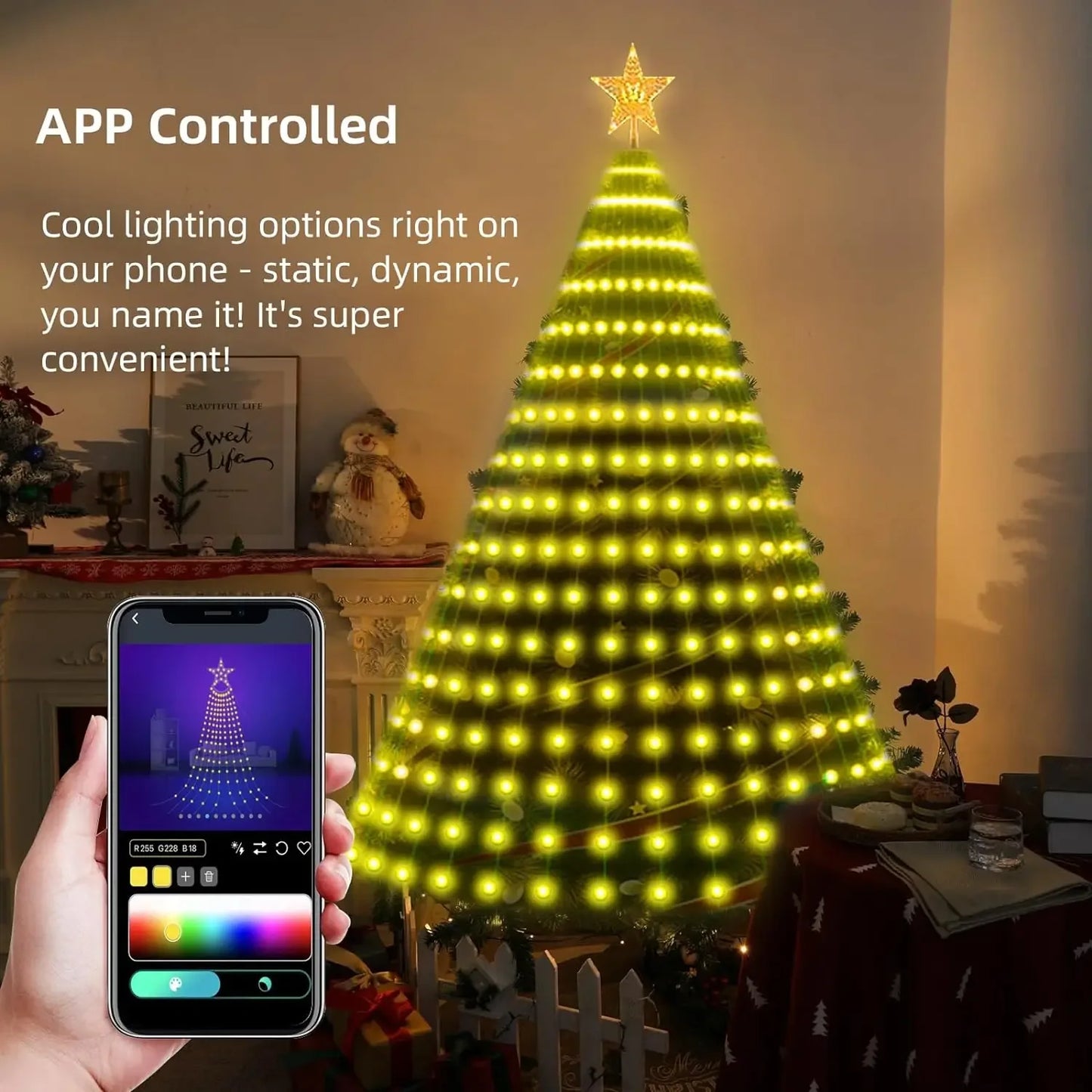 Lumière d’étoile de sapin de Noël intelligente RVB – minuterie à distance, application Bluetooth, guirlande LED magique