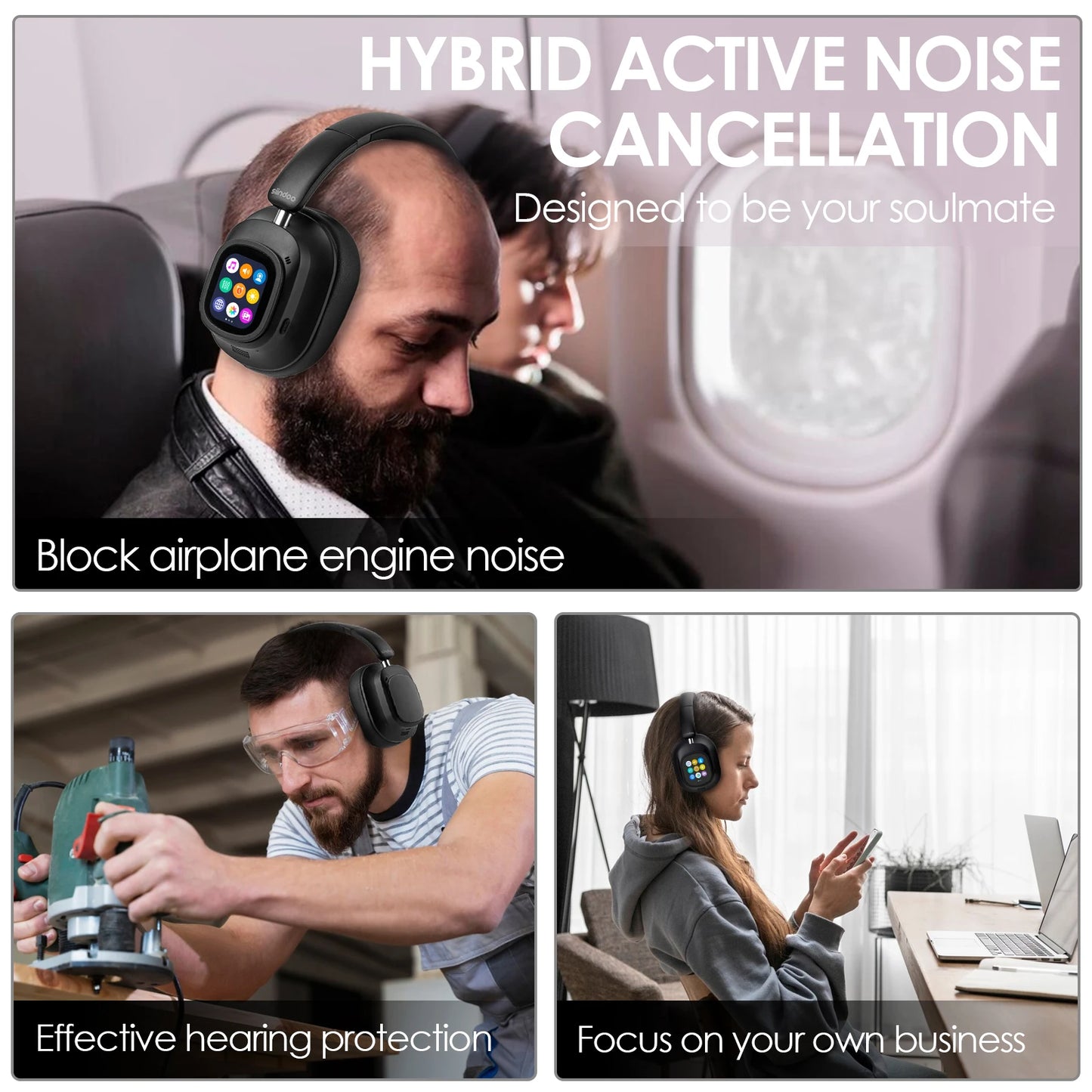 Siindoo JH-ANC930Plus – Écouteurs à suppression active du bruit, casque hybride sans fil avec écran LED tactile multi-magnétique