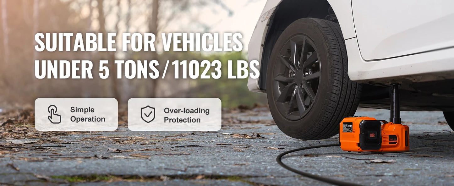 VEVOR Cric Hydraulique Électrique 5 T 12 V DC – Cric de voiture automatique avec lampe LED et gonfleur de pneus intégré, coffret dépannage pour berlines, SUV et petits utilitaires