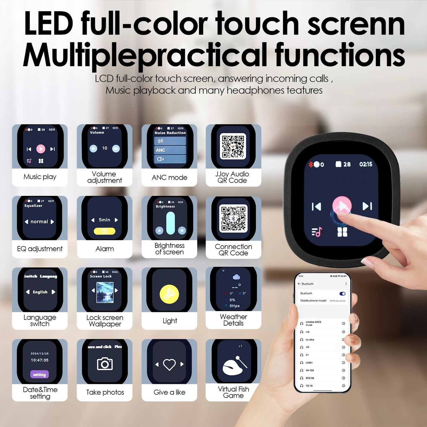 Siindoo JH-ANC930Plus – Écouteurs à suppression active du bruit, casque hybride sans fil avec écran LED tactile multi-magnétique