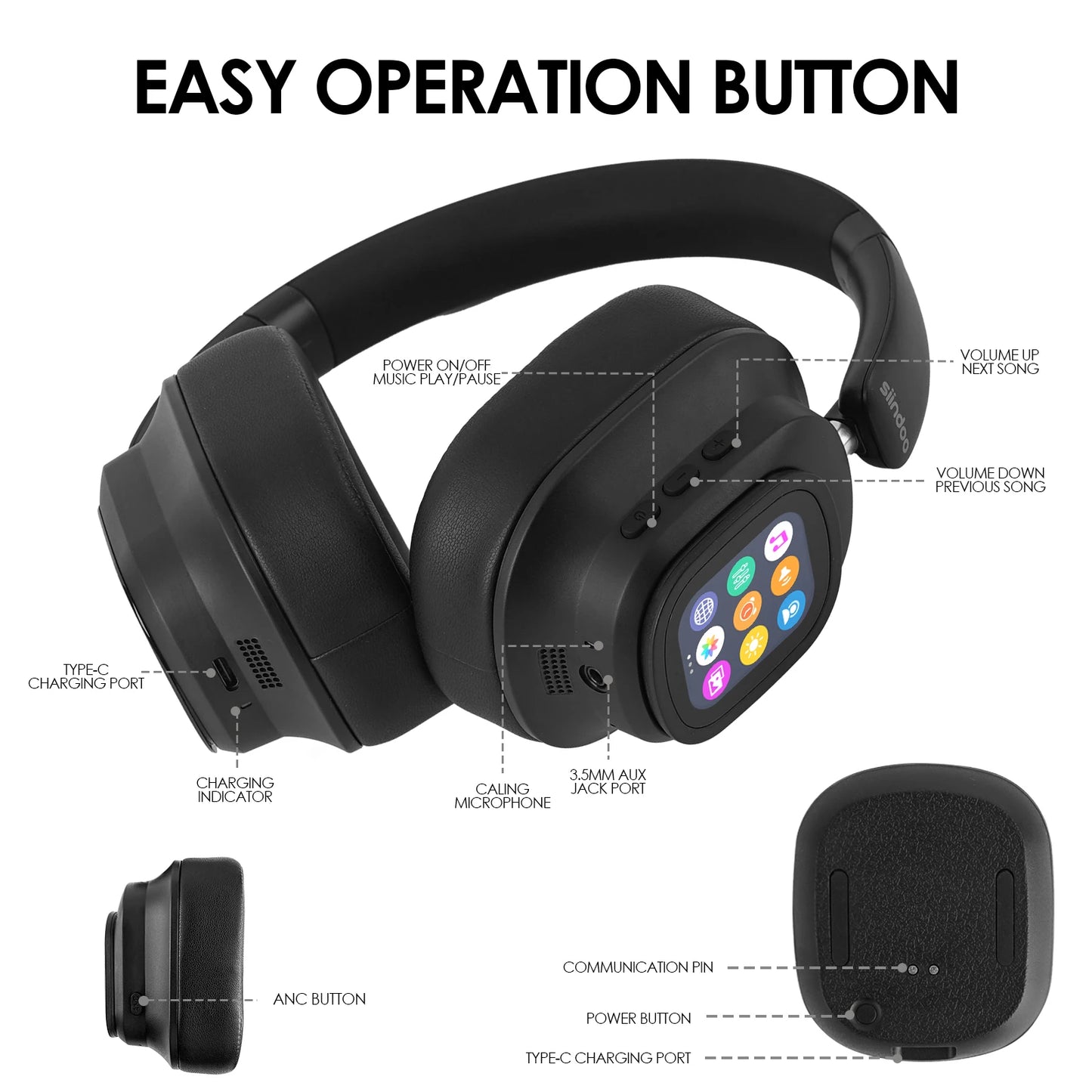 Siindoo JH-ANC930Plus – Écouteurs à suppression active du bruit, casque hybride sans fil avec écran LED tactile multi-magnétique