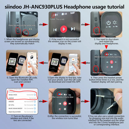 Siindoo JH-ANC930Plus – Écouteurs à suppression active du bruit, casque hybride sans fil avec écran LED tactile multi-magnétique