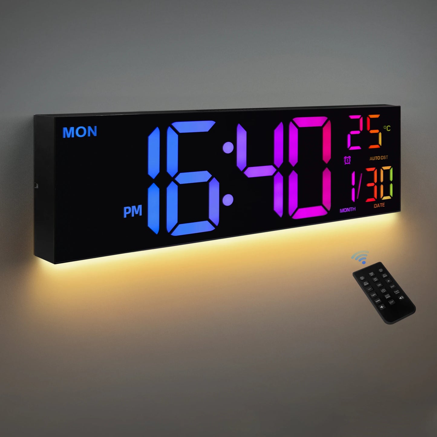 Grande horloge murale numérique de 16 pouces, grand écran LED avec télécommande, 8 couleurs RVB, alarme, DST, température pour salon, cuisine